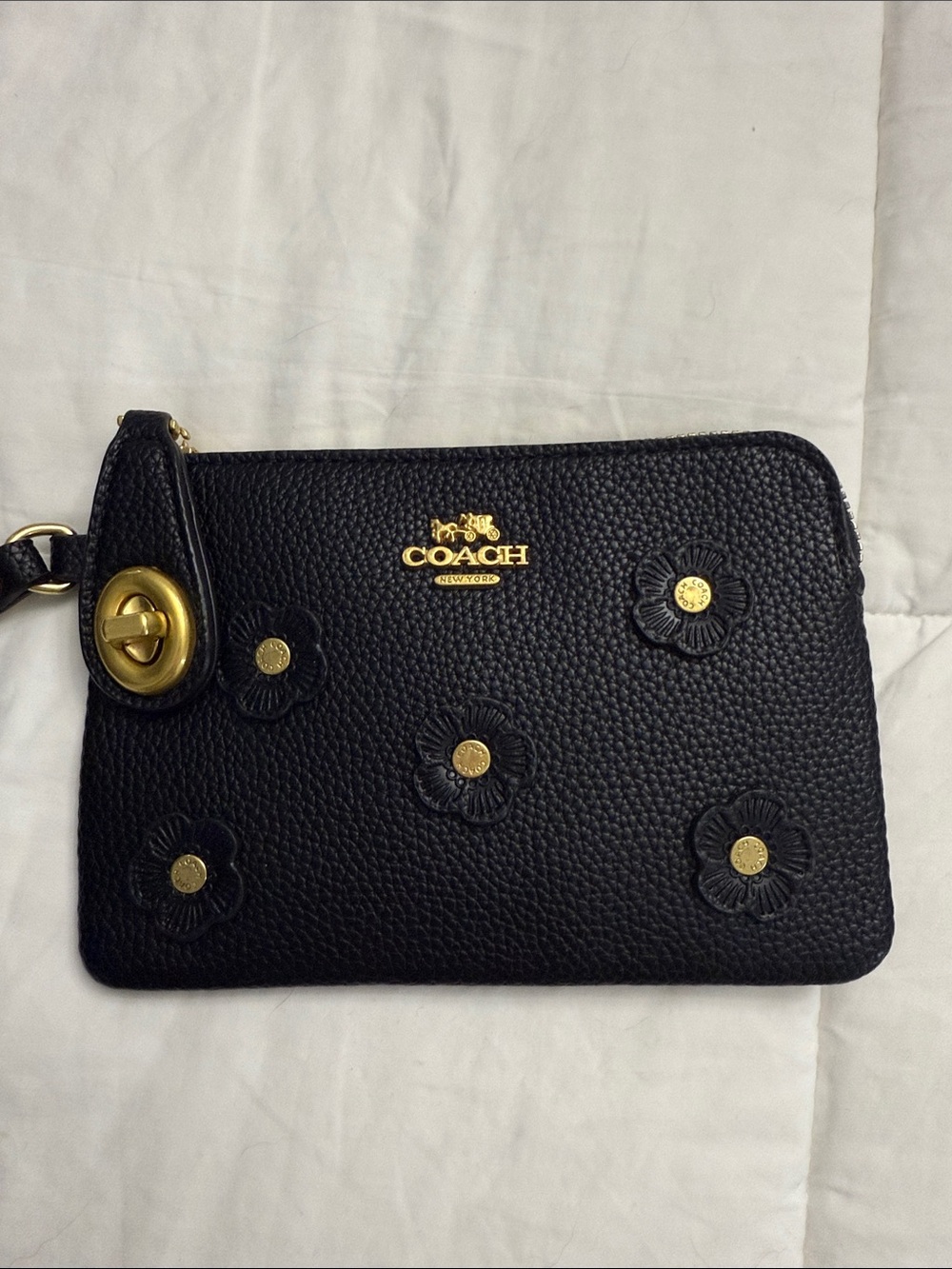 COACH Black Floral Appliqué Pebbled Leather Wristlet